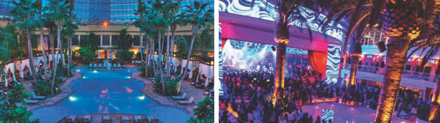 Double-dipping: When the sun goes down, the Pool at Harrah’s AC (left) and Drai’s at the Cromwell in Las Vegas do a quick change from day club to nightclub